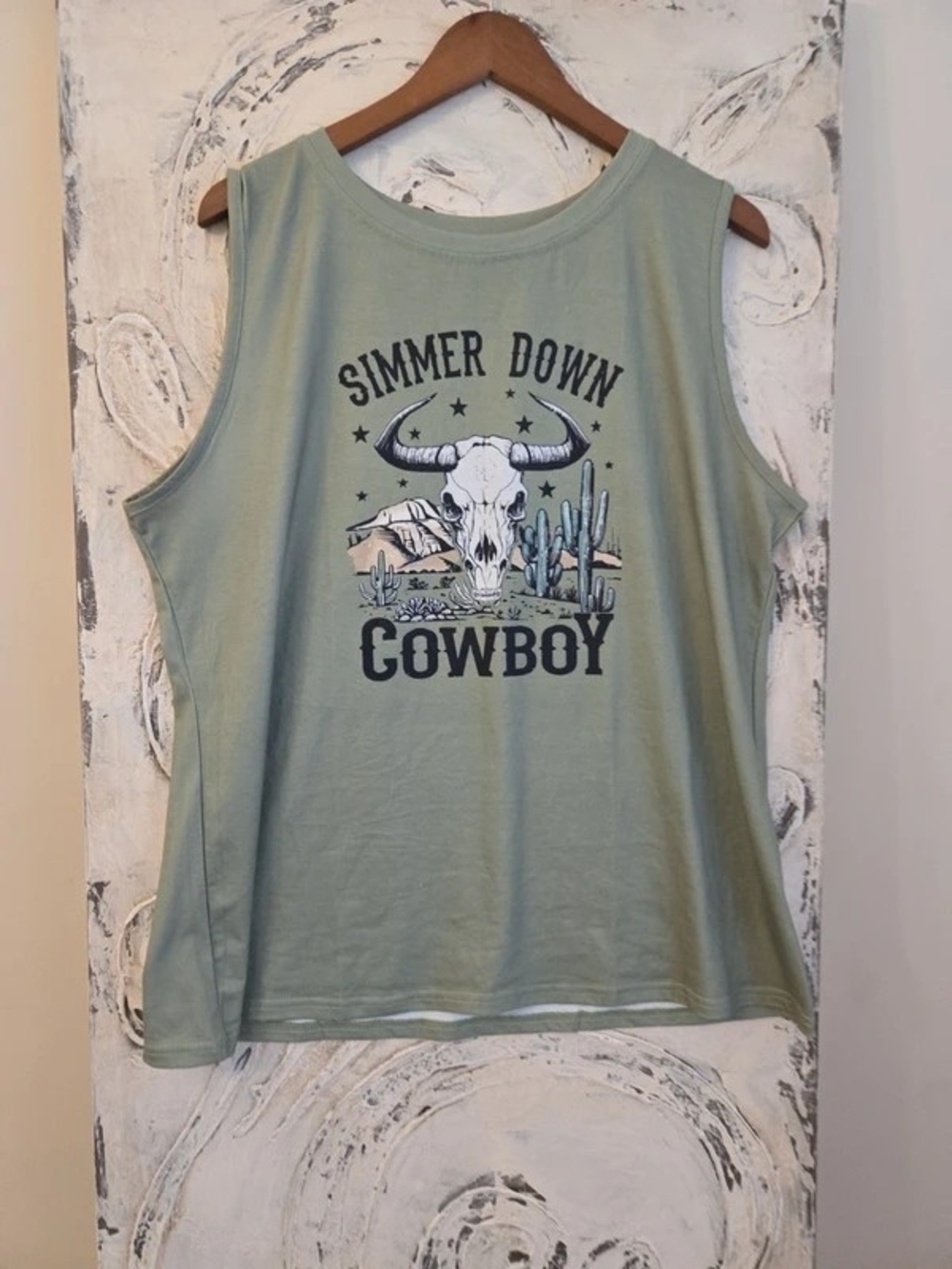 Graphic Sleeveless Tank Top in Light Sage - 'Simmer Down Cowboy'